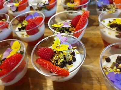 Coconut cream and strawberry gelee